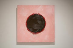 « RED LINE n° 2 », peinture politique abstraite, huile et fil de rasoir sur bois rose