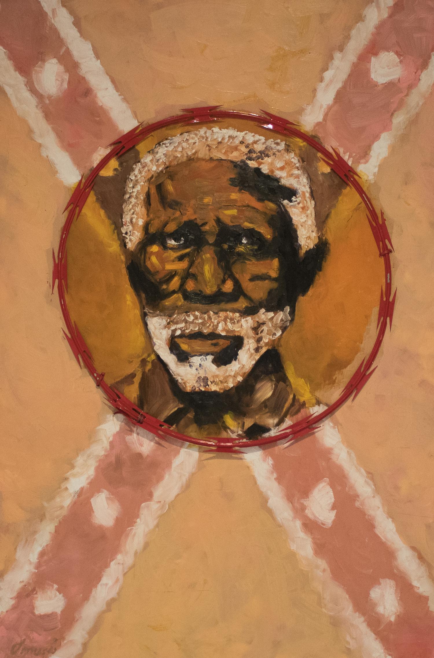 REBEL - contemporary political oil painting on wood, razor wire, brown, pink red - Mixed Media Art by Omari Booker