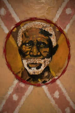 Rebel - peinture à l'huile politique contemporaine sur bois, fil de fer rasoir, marron, rouge rose