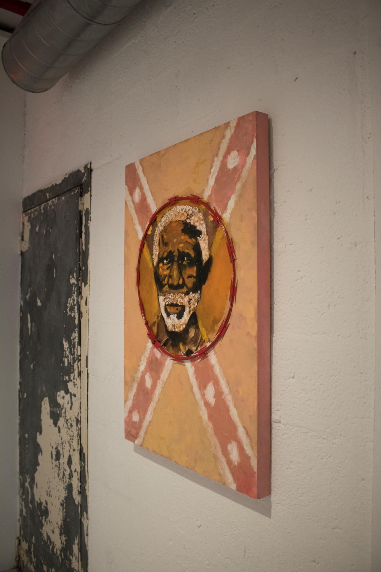 REBEL - contemporary political oil painting on wood, razor wire, brown, pink red For Sale 2