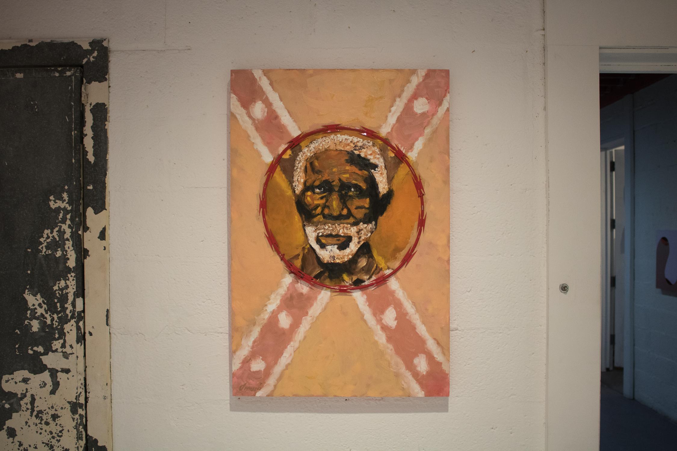 REBEL - contemporary political oil painting on wood, razor wire, brown, pink red For Sale 3