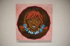 Wendy - oil and razor wire on wood, contemporary political, pink, brown, red