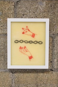 "Mudra no. 1" tattooed wax, red and black with hands and chain