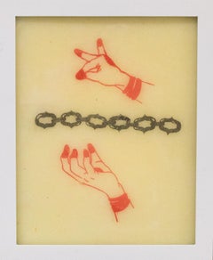 "Mudra no. 1" tattooed wax, red and black with hands and chain