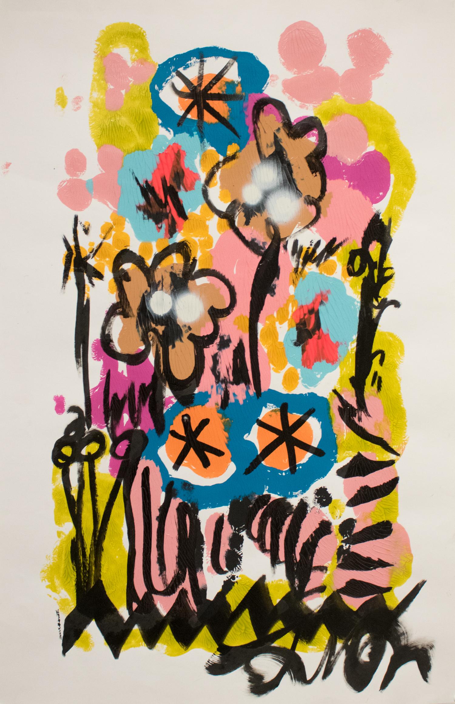 This work by Frances Berry features brightly colored abstract forms and energetic line work representative of floral elements.