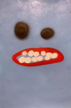 Frances Berry Painting - Light Blue Acrylic on Paper - "Hooray Face" 1 -- 2019 