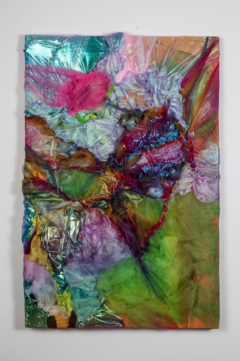 Kaleidoscopic Stitch - Abstract Textural Fabric Painting, Rainbow, yarn stitch - Contemporary Sculpture by Grace Michelle Hall