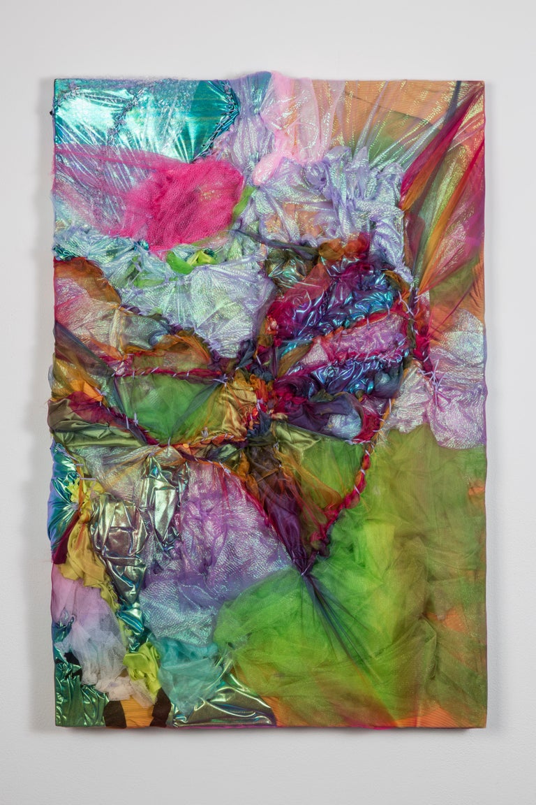 Kaleidoscopic Stitch - Abstract Textural Fabric Painting, Rainbow, yarn stitch - Sculpture by Grace Michelle Hall