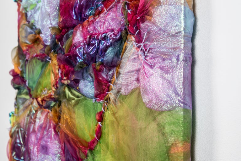 Kaleidoscopic Stitch - Abstract Textural Fabric Painting, Rainbow, yarn stitch - Gray Abstract Sculpture by Grace Michelle Hall