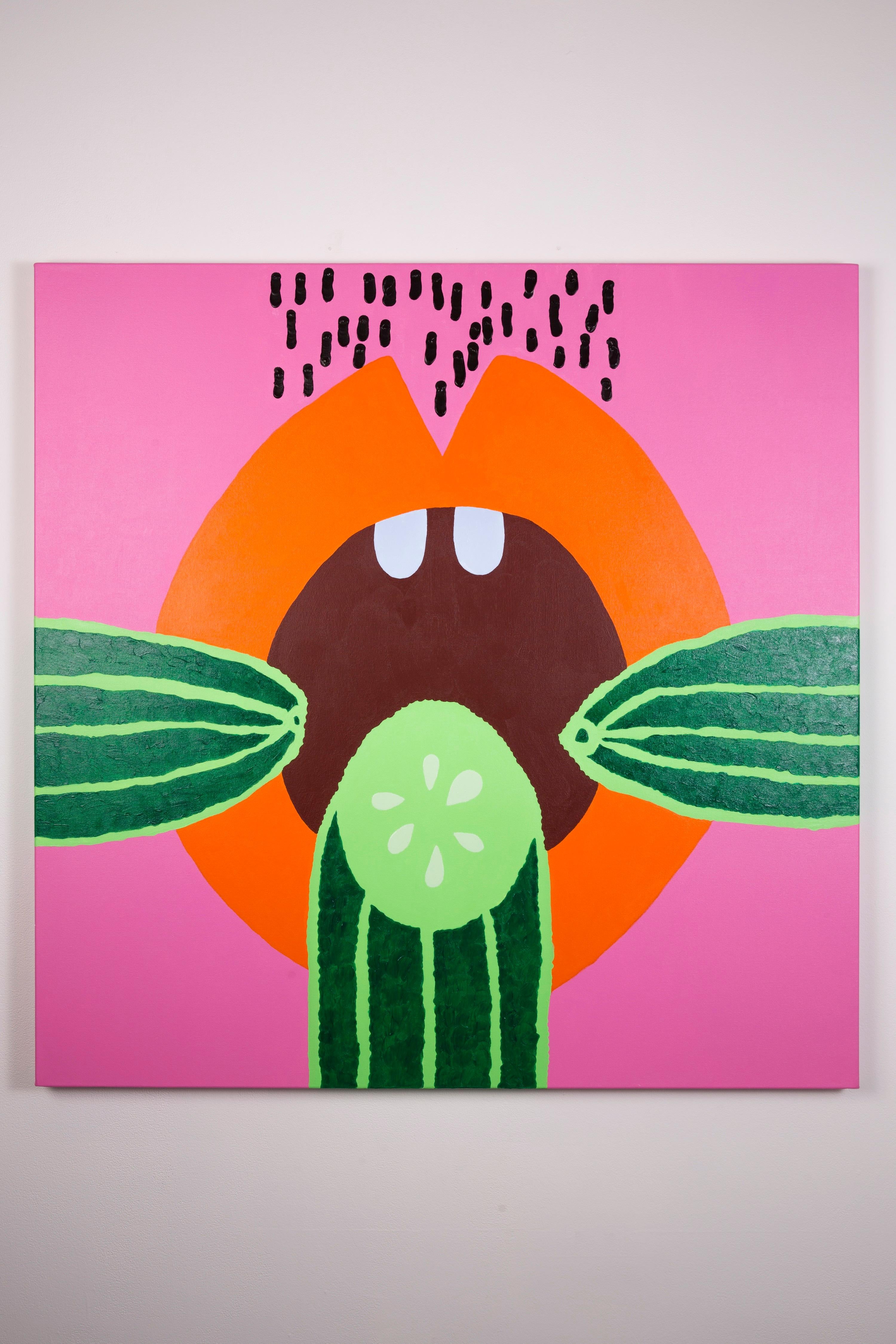 THREE SERVINGS A DAY - Large Pop Art Painting with Cucumbers and Lips, Pink For Sale 1