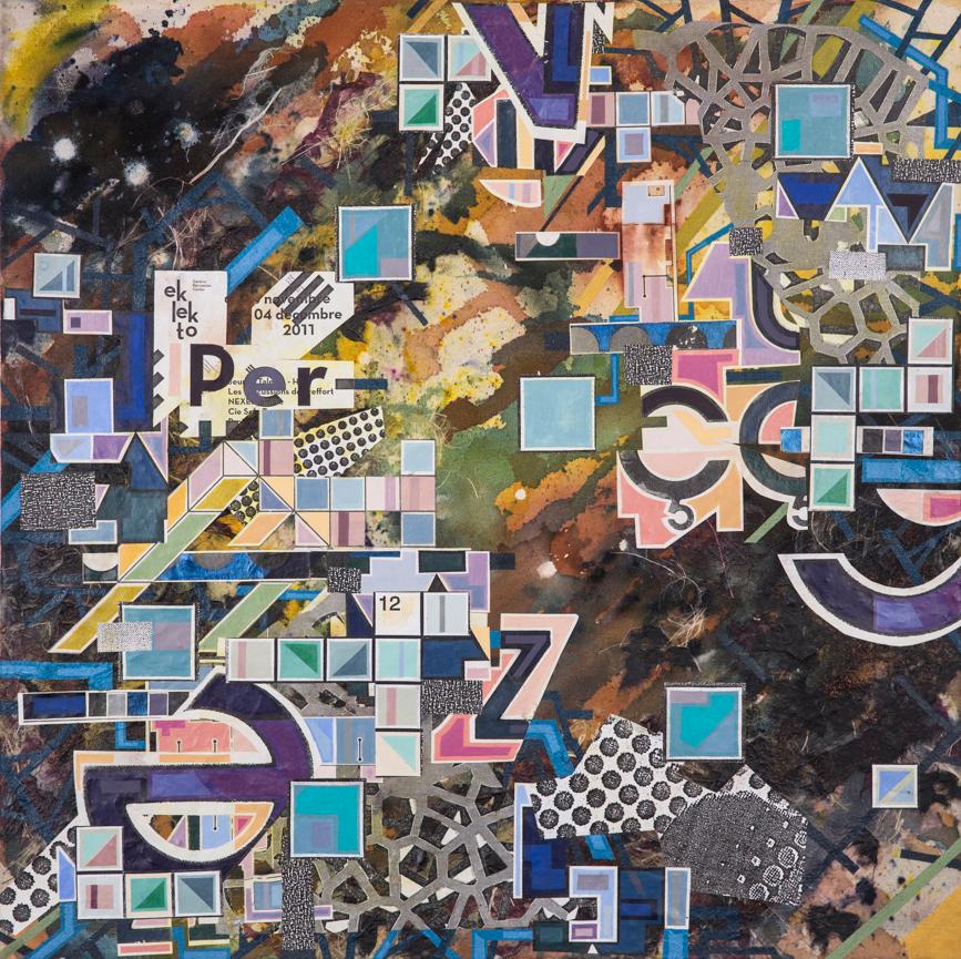 Eric Mack Abstract Painting – Zeitgenössische abstrakte Collage-Malerei, lila, braun, blau, zeitgenössisch