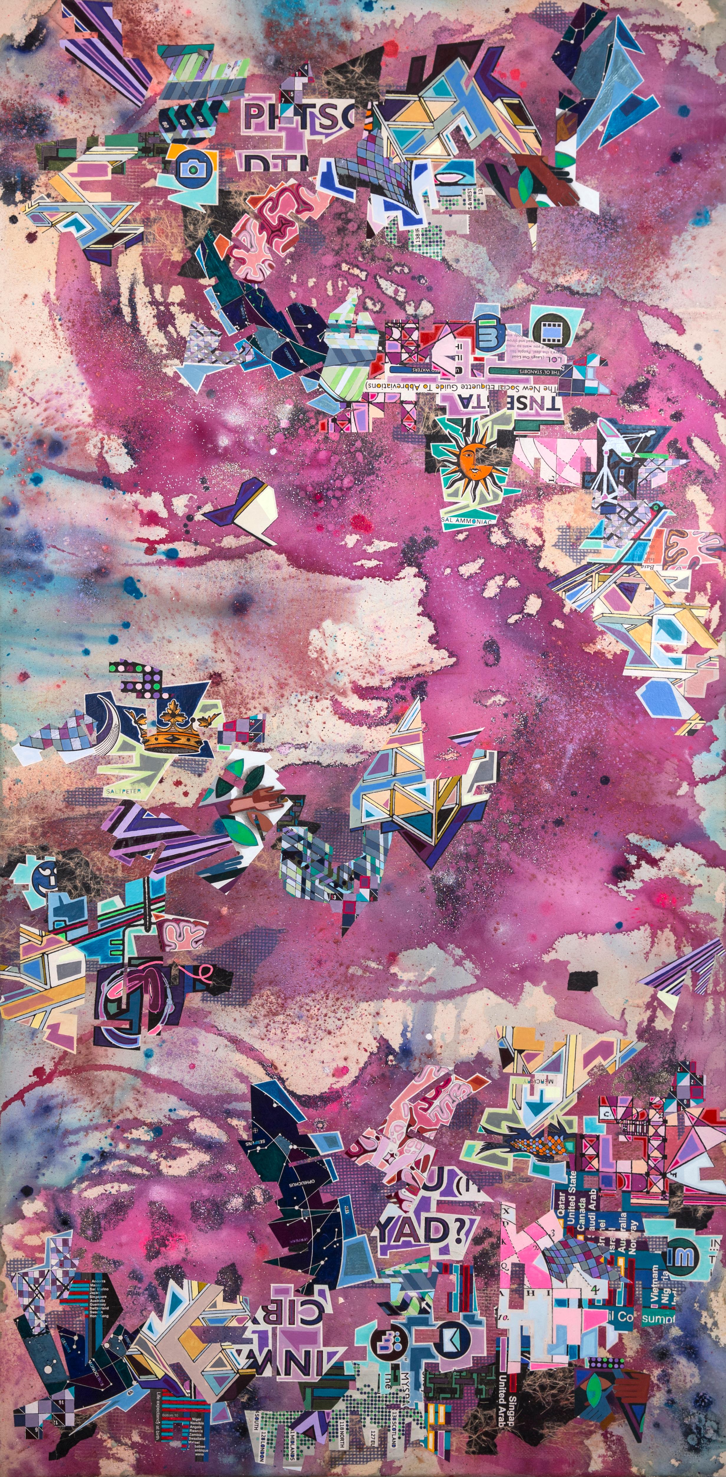 MTB-4276 - Lebendiges zeitgenössisches abstraktes Collage-Gemälde mit Glitzer auf Leinwand