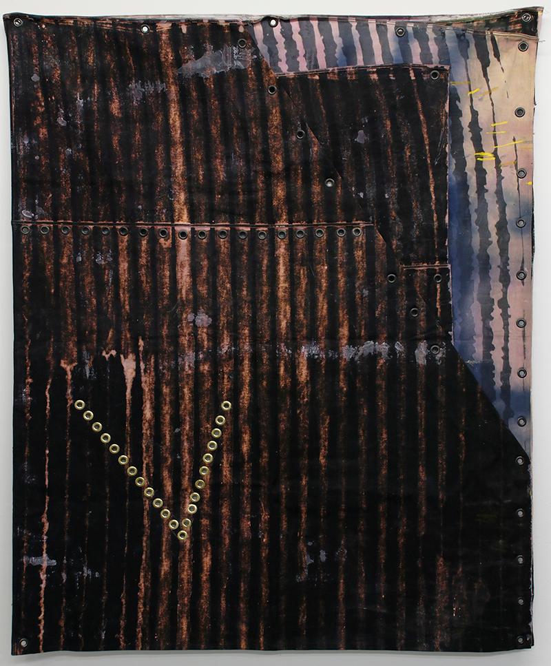 Fallen Sun Song - Dyed and Bleached Denim Painting with Grommets, stripes, brown - Mixed Media Art by Austin Pratt