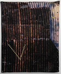 Fallen Sun Song - Dyed and Bleached Denim Painting with Grommets, stripes, brown