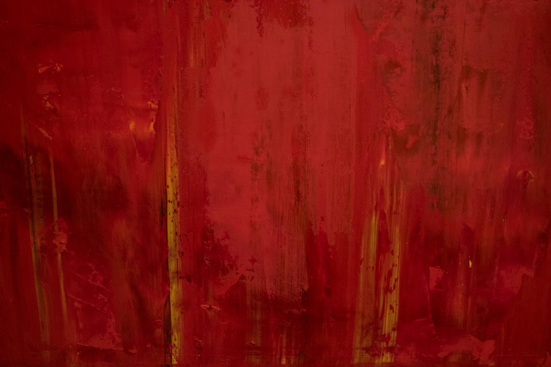 ROJO #1 is dominated by the richness of the red in the oil paint on the canvas. The perfectly geometric gold leaf circle, a recurring visual element in Yuri's works, contrasts nicely with the organic brush strokes and tones of the red on the