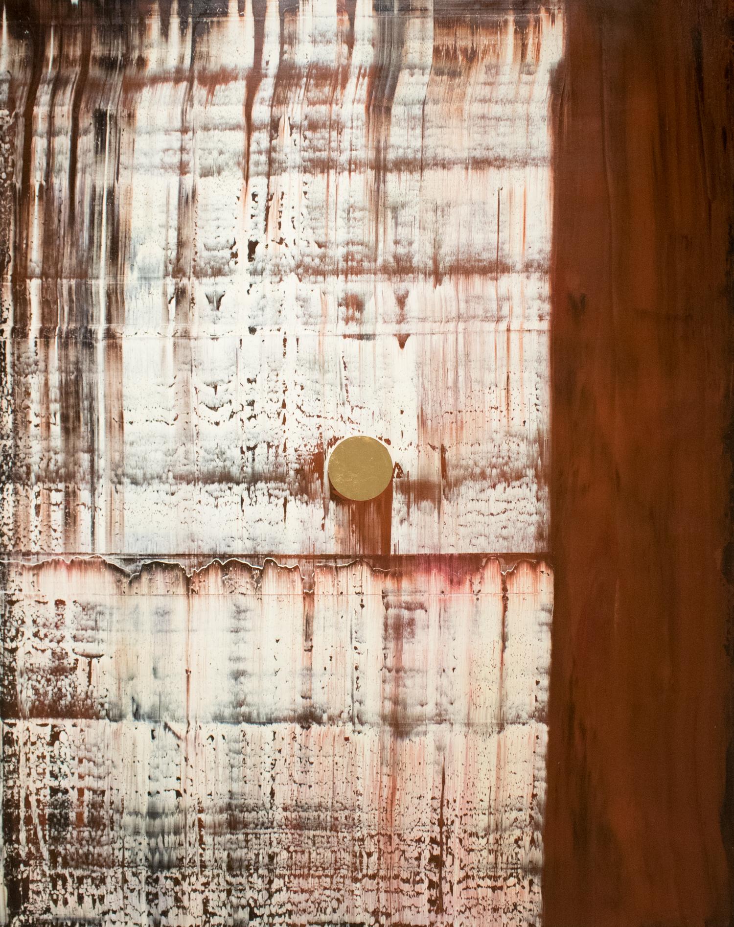 Centre de table - Huile à l'huile feuille d'or sur toile, contemporain abstrait, blanc, brun 