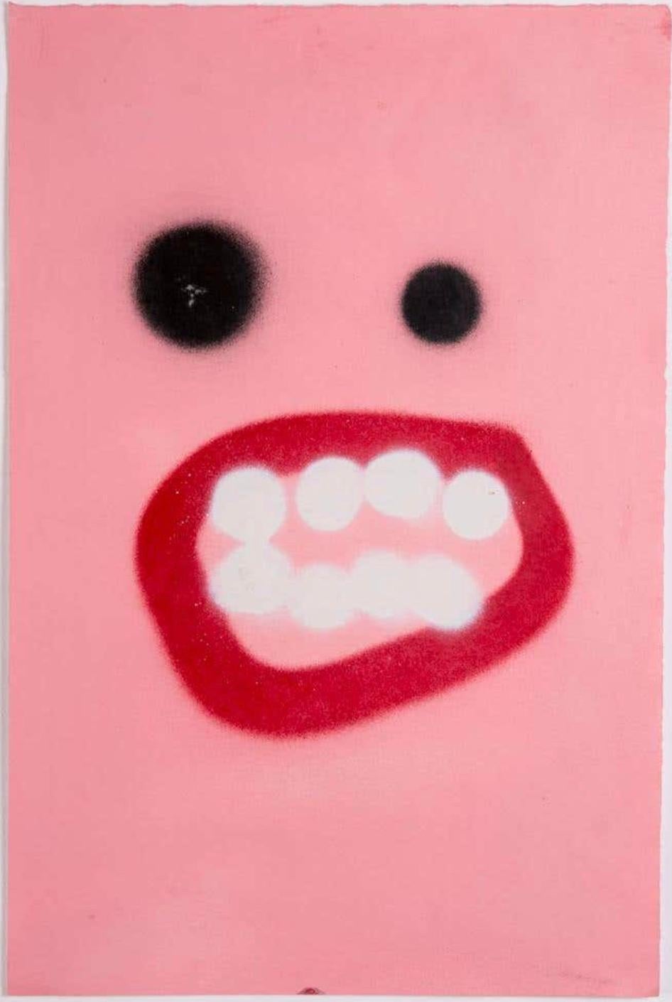 "Hooray Face" is a series of sixteen acrylic and ink drawings on paper by artist Frances Berry.  The series is the artist's take on the "grimace" emoji and is a recurring symbol in her work.  The nervous expression is humorously amplified through