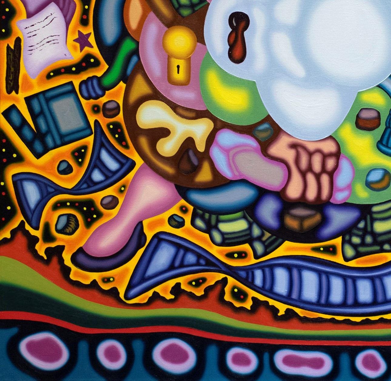 UNSCRIPTED - Peinture à l'huile illustrée audacieuse, surréaliste et cubiste, jaune, violette - Contemporain Painting par Jason Stout