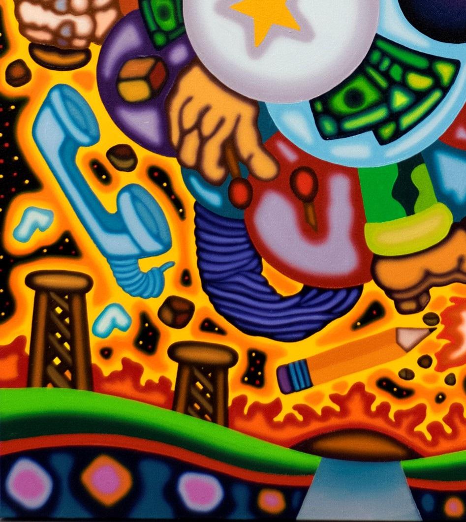 TOWERING OVER - Bold, Surrealist, Cubist Illustrative Oil Painting, Orange Cloud For Sale 9