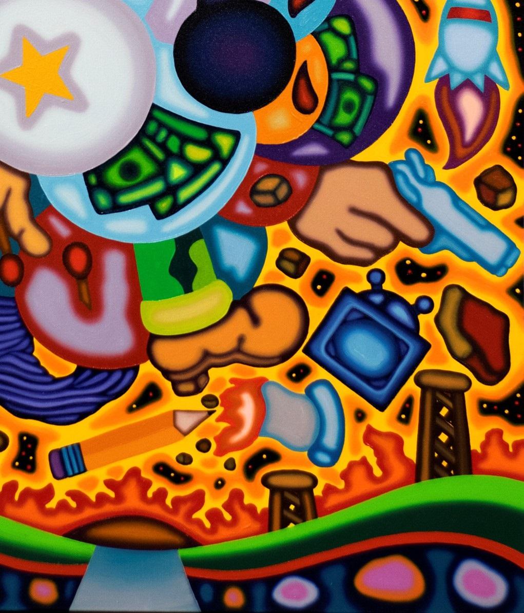 TOWERING OVER - Boldes, surrealistisches, kubistisches Ölgemälde mit orangefarbener Wolke im Angebot 8