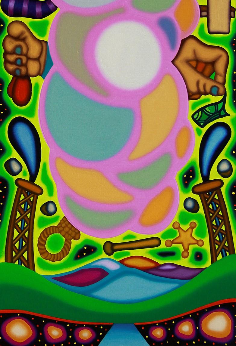 THE SWELL - Bold, Surrealist, Cubist, Green, Pink Cloud, Illustrative Painting For Sale 4