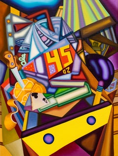 THE NIGHT STAND IS OPEN - Bold, Surrealist, Cubist, Green, Yellow, Purple