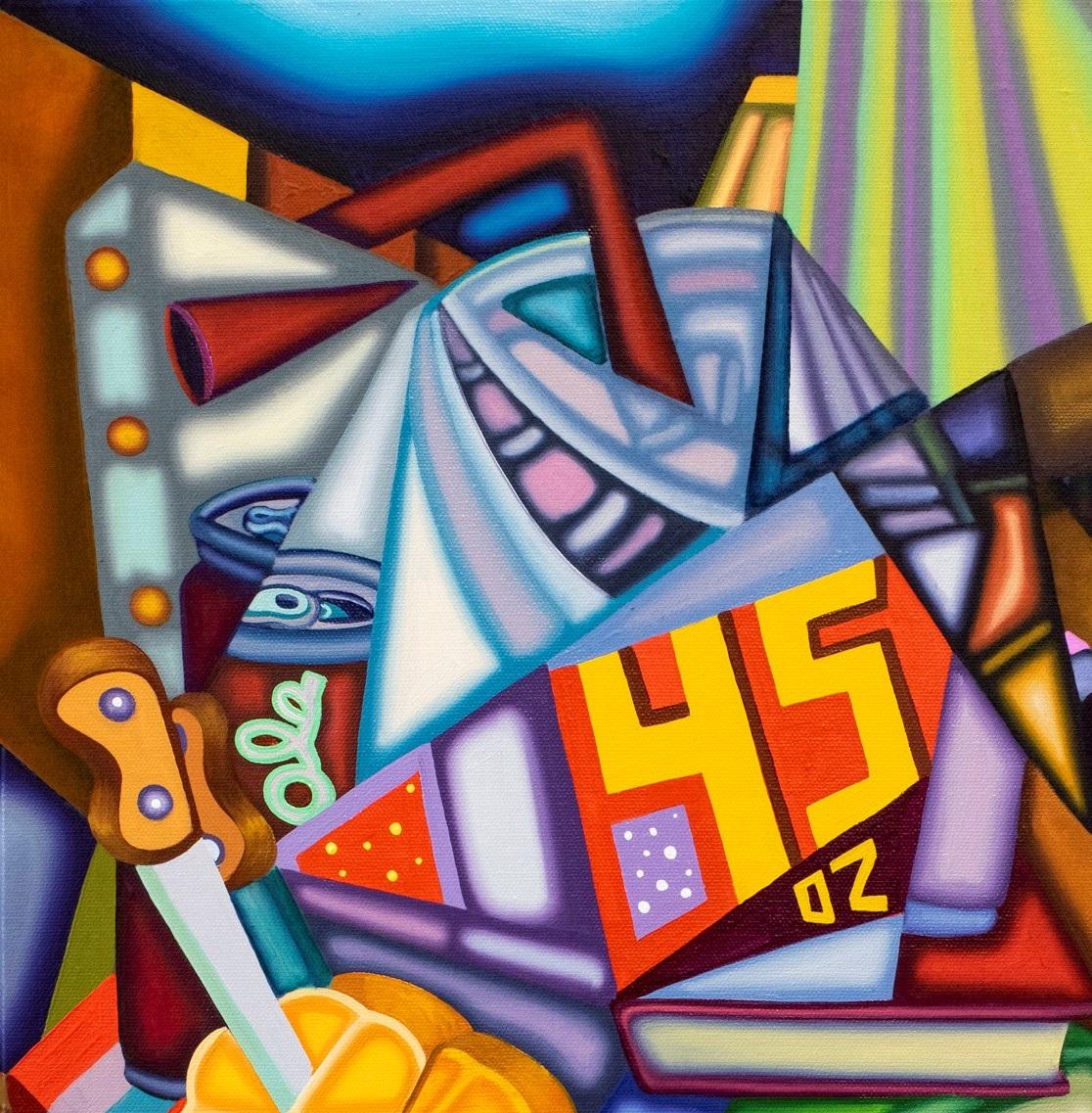THE NIGHT STAND IS OPEN - Bold, Surrealist, Cubist, Green, Yellow, Purple - Painting by Jason Stout