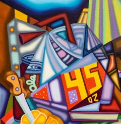 THE NIGHT STAND IS OPEN - Bold, Surrealist, Cubist, Green, Yellow, Purple