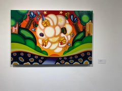 THE CLOUD - Bold, Surrealist Landscape, Cubist, Painting, Red and Green Cloud