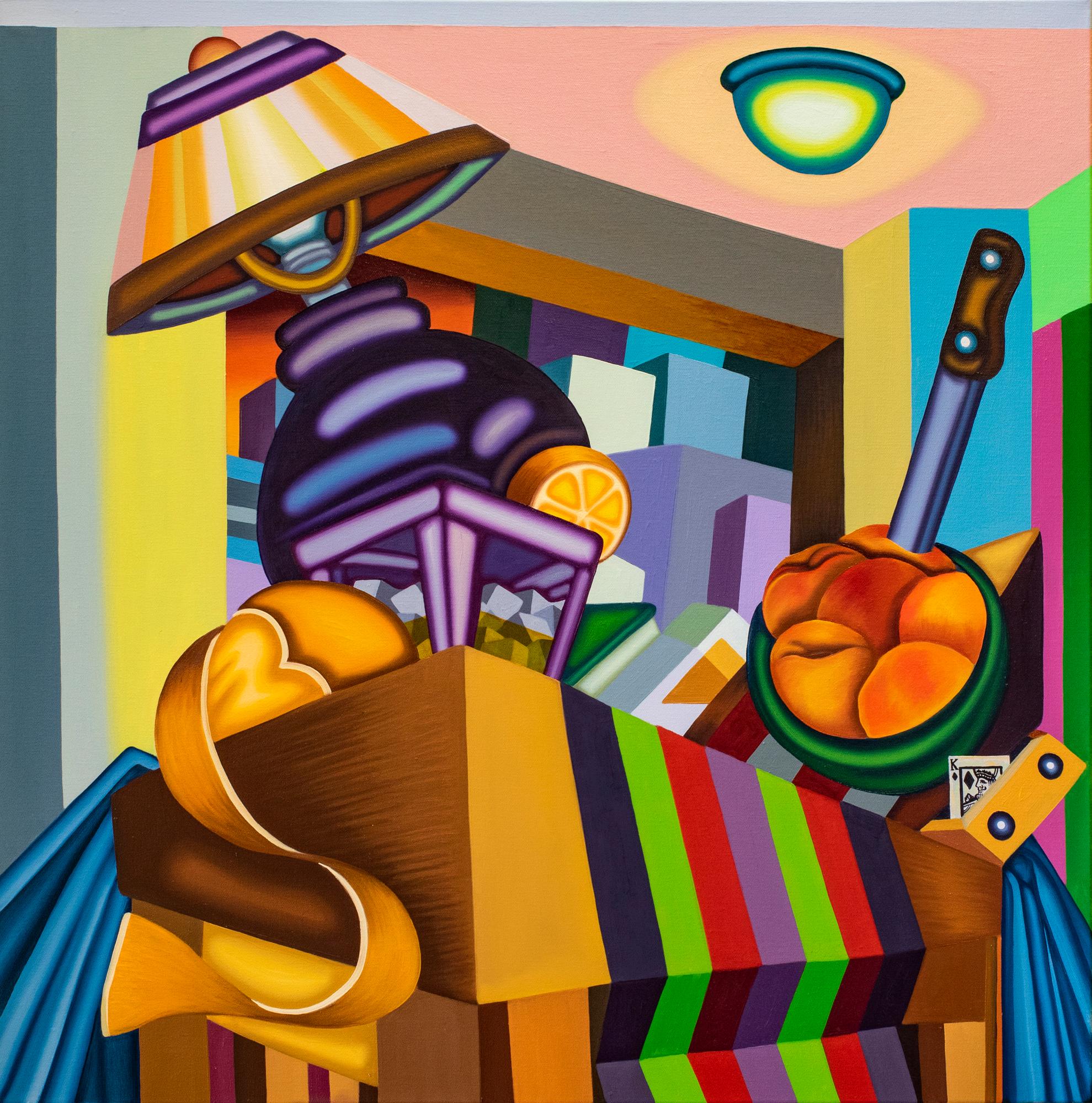 Table Scene From the Plaza I- Bold, Surrealist, Cubist, Painting, Still Life 