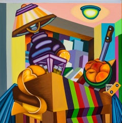 TABLE SCENE FROM THE PLAZA I - Bold, Surrealist, Cubist, Painting, Still Life