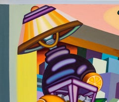 TABLE SCENE FROM THE PLAZA I - Bold, Surrealist, Cubist, Painting, Still Life
