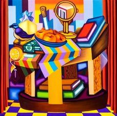 TABLE SCENE FROM THE PLAZA II - Bold, Surrealist, Cubist, Painting, Still Life