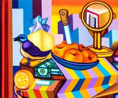 TABLE SCENE FROM THE PLAZA II - Bold, Surrealist, Cubist, Painting, Still Life