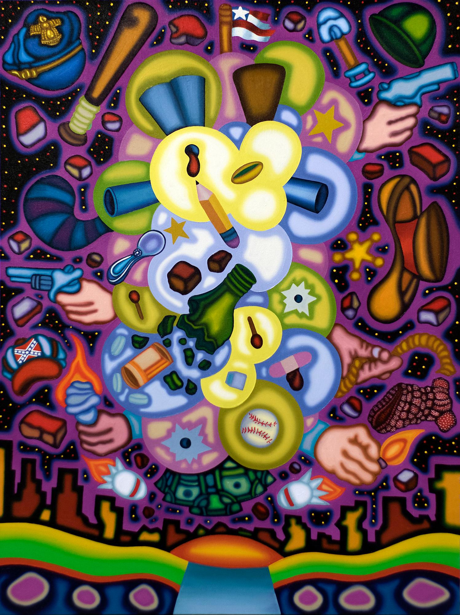 HATS FOR BATS, FLAMES FOR NAMES - Peinture à l'huile audacieuse, surréaliste et cubiste, violette - Painting de Jason Stout