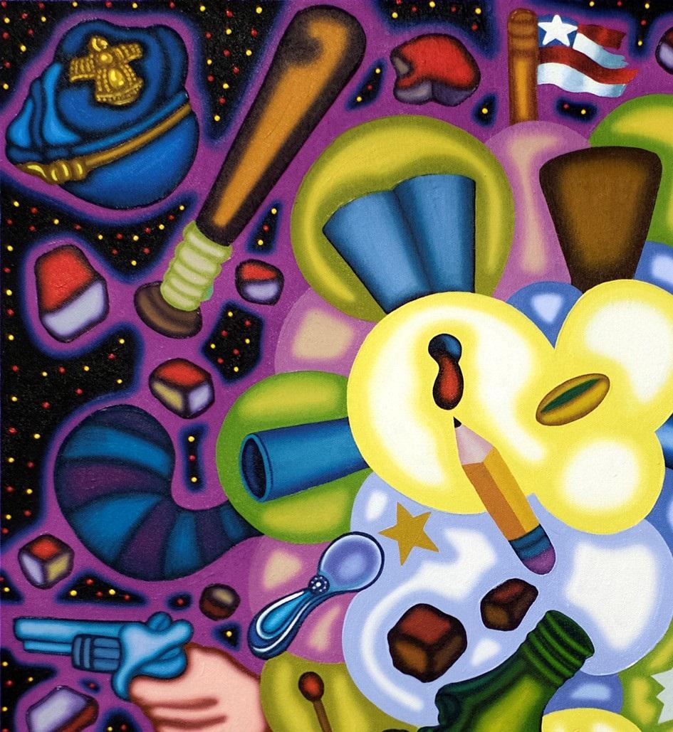 HATS FOR BATS, FLAMES FOR NAMES - Peinture à l'huile audacieuse, surréaliste et cubiste, violette en vente 4