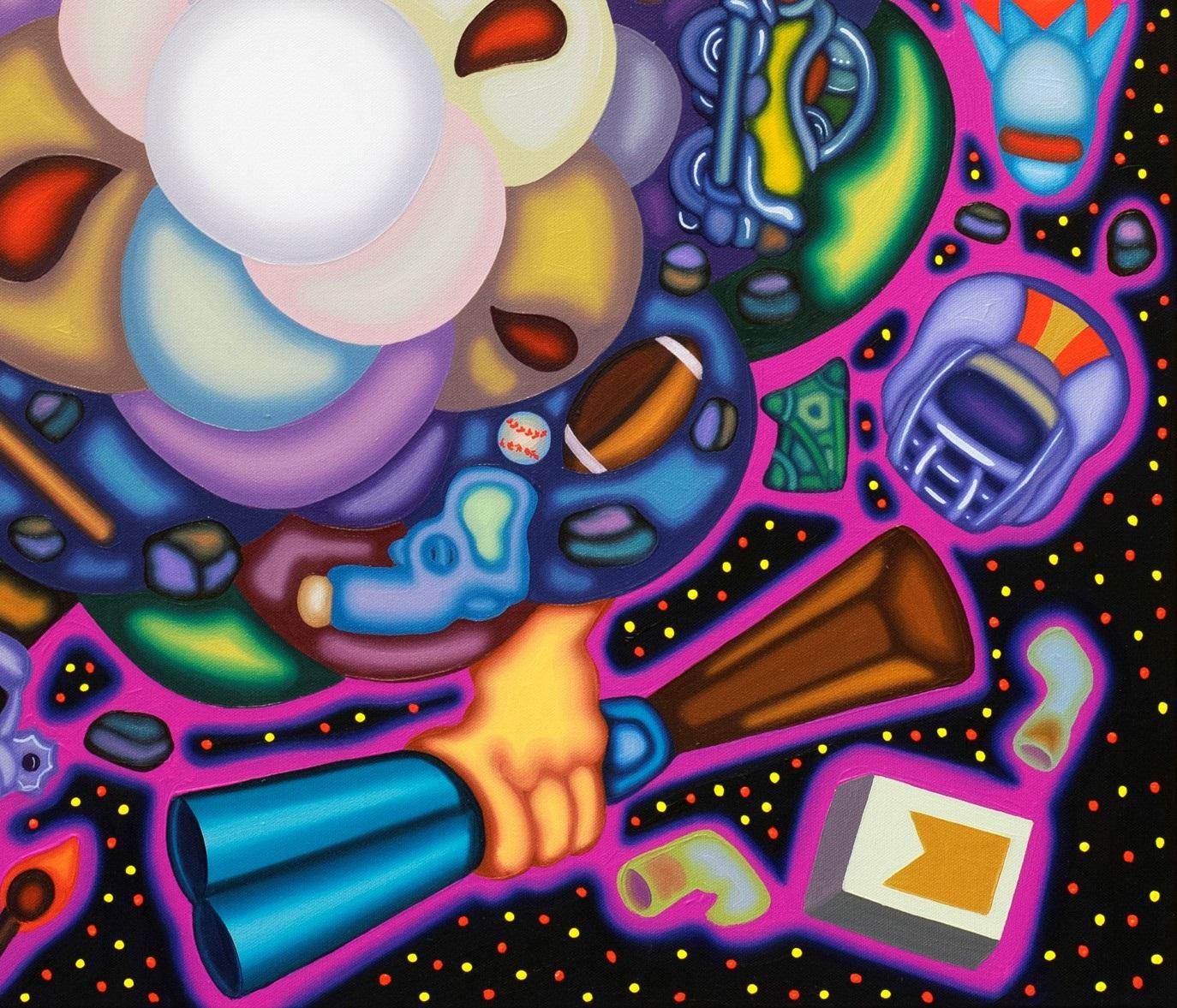 This painting by Jason Stout features a nebula in an impossible surrealist spacescape with objects whirling around within and around the cloud. A baseball, a baton, a book, a car, a gun, cigarettes, a football. These are all items present. What do