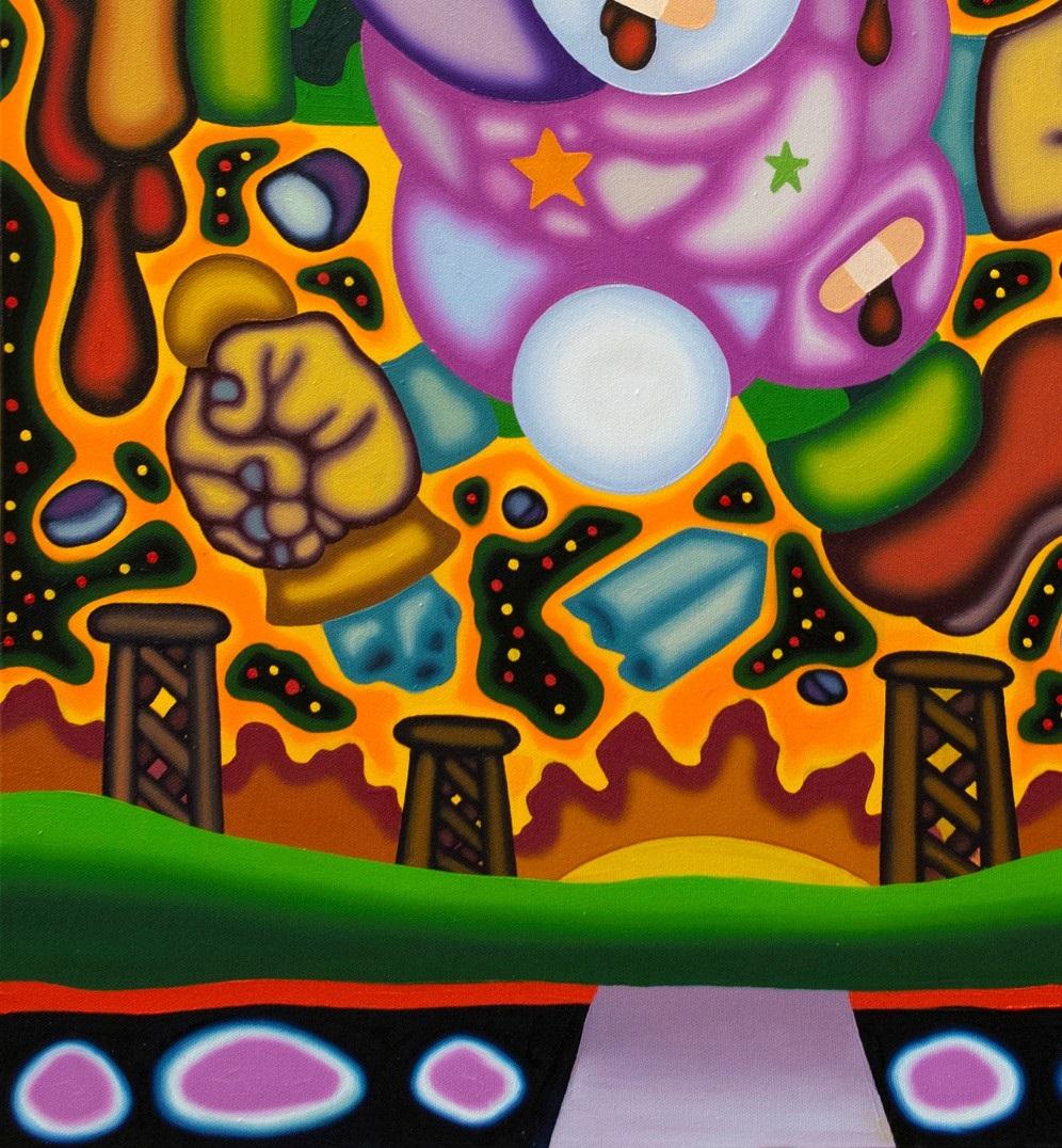 COON TAIL COMBAT RIOT - Bold, Surrealist Spacescape, Orange, Purple Oil Painting For Sale 1