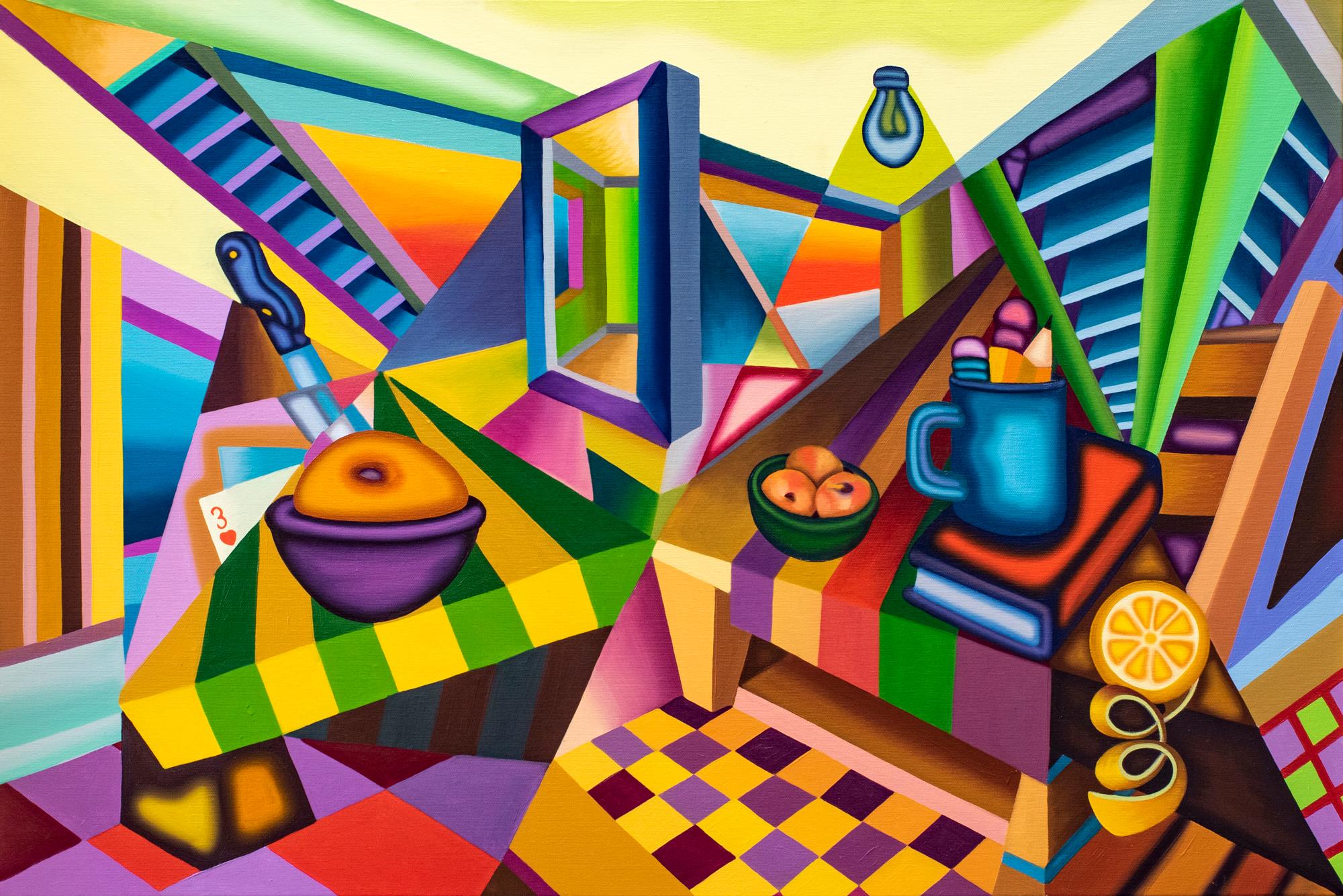 Dawning - Cubist, Bright & Bold Surreal Still Life with Table, Fruit, Tile