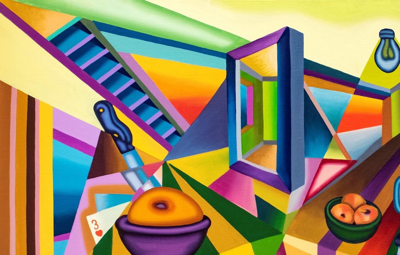 DAWNING - Cubist, Bright & Bold Surreal Still Life with Table, Fruit, Tile - Painting by Jason Stout