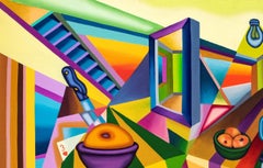 DAWNING - Cubist, Bright & Bold Surreal Still Life with Table, Fruit, Tile