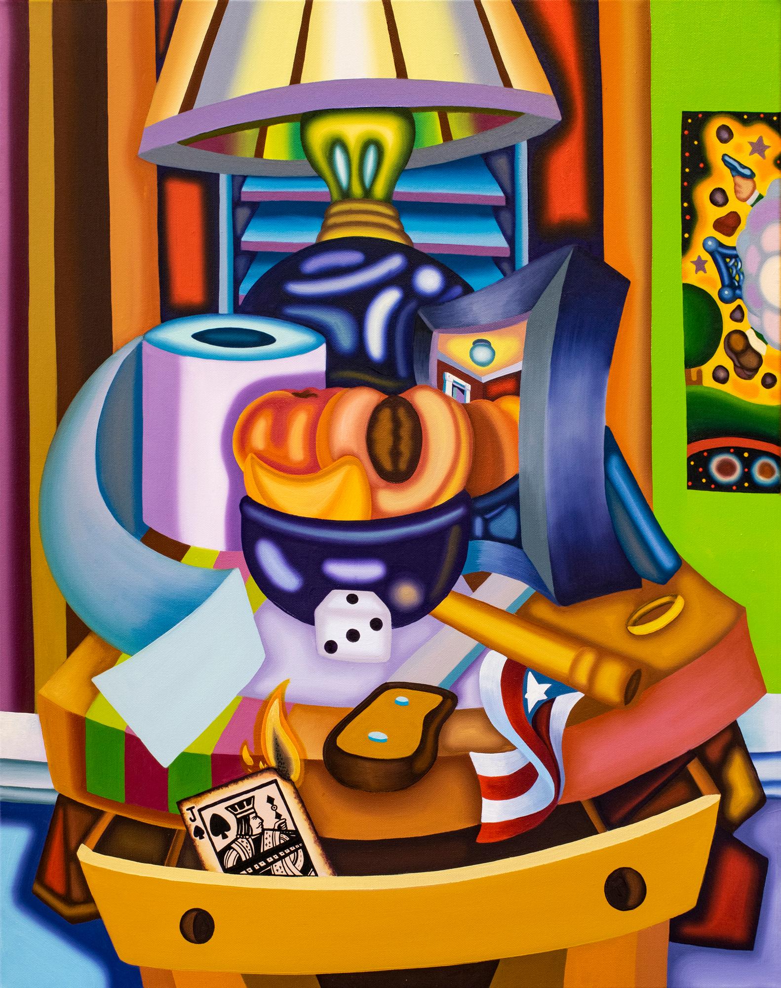 Jason Stout Interior Painting - PEACHY KEEN FLAMING JACK STILL LIFE - Cubist, Bright & Bold Surreal Night Stand 