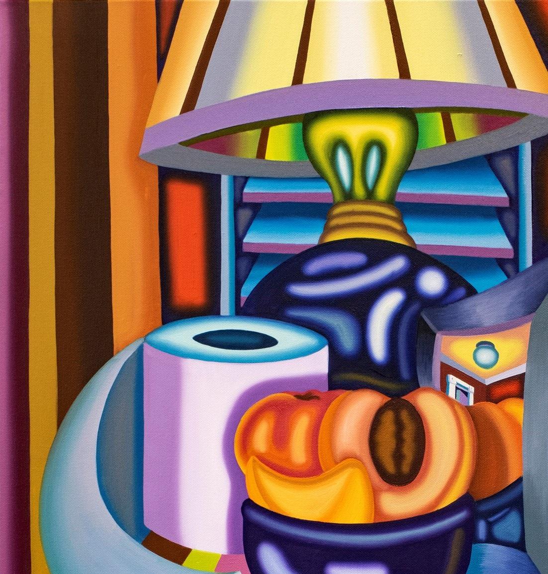 PEACHY KEEN FLAMING JACK STILL LIFE - Table de nuit cubiste, lumineuse et audacieuse, surréaliste  - Painting de Jason Stout