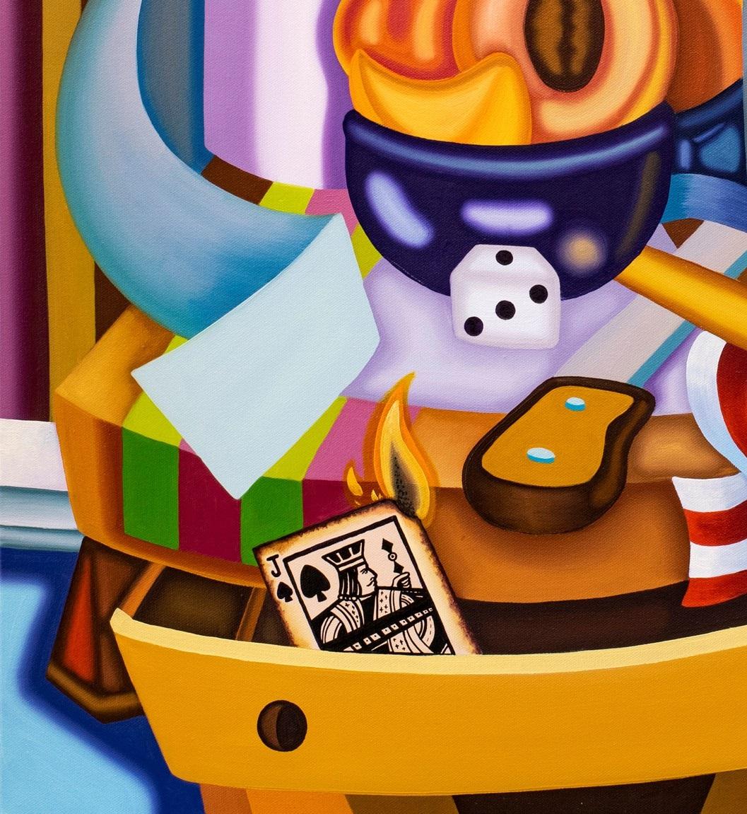 PEACHY KEEN FLAMING JACK STILL LIFE - Piantana da notte cubista, luminosa e surreale - Painting Contemporaneo di Jason Stout
