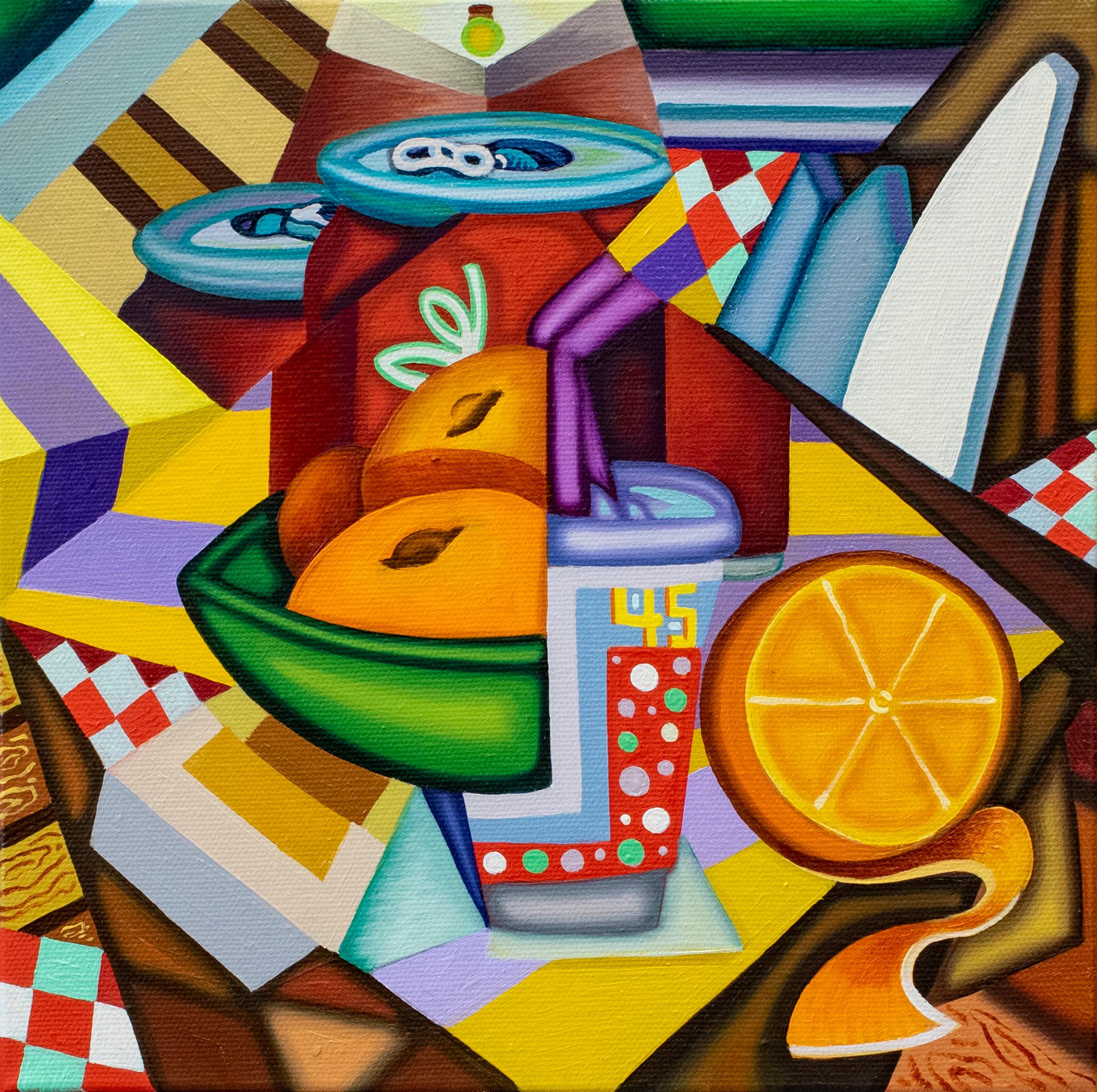Jason Stout Still-Life Painting - Olè Setting - Cubist, Bright & Bold Surreal Table with Fruit and Soda, Oranges