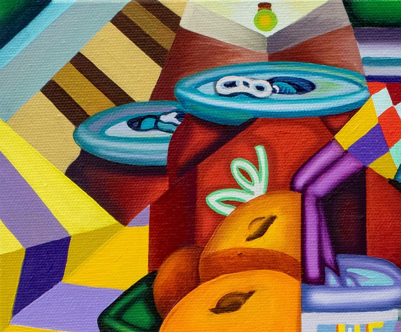 Olè Setting - Cubist, Bright & Bold Surreal Table with Fruit and Soda, Oranges - Painting by Jason Stout