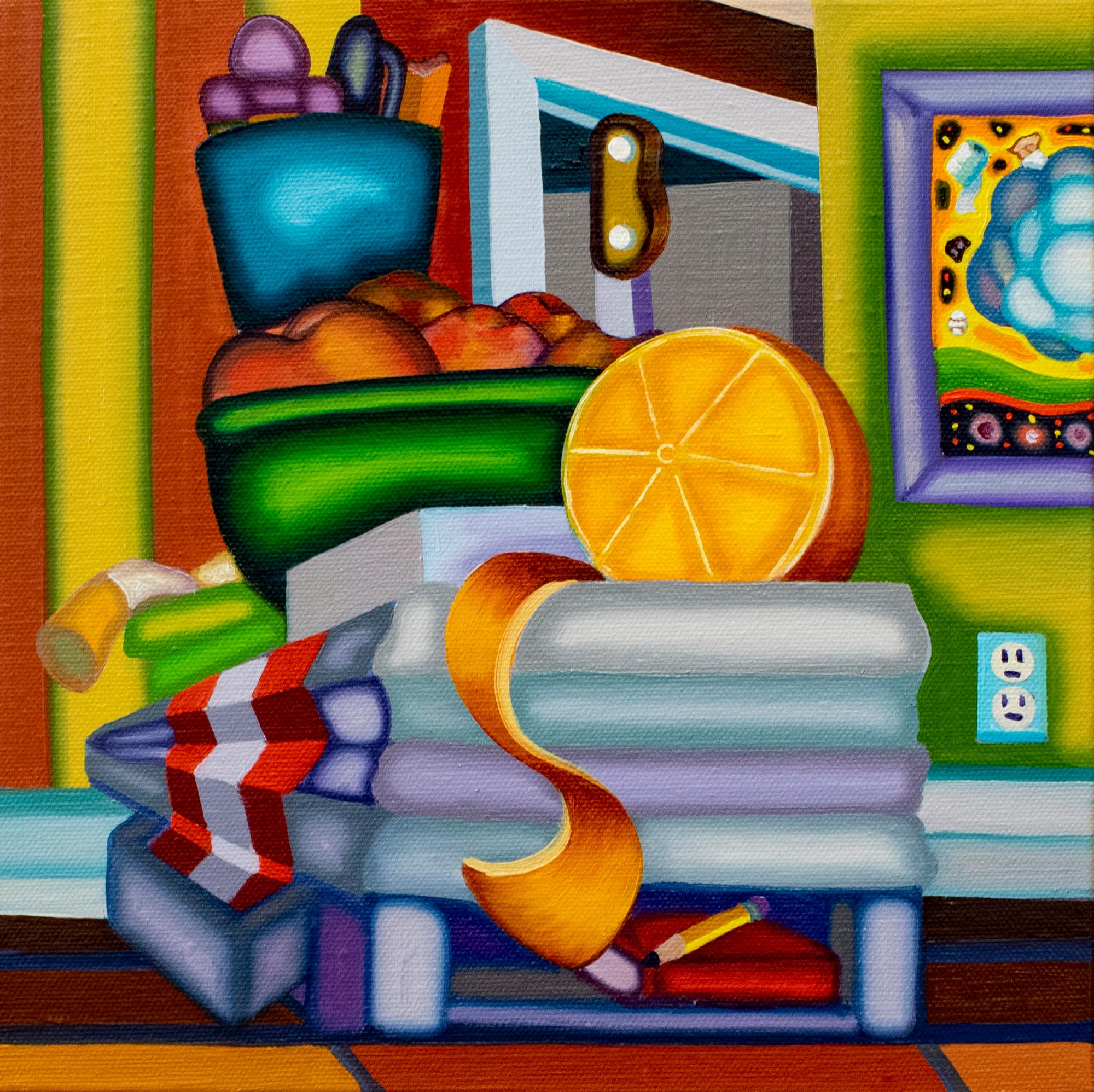 Interior Painting di Jason Stout - CATAFALQUE STILL LIFE - Cubista, arancione brillante e audace, pesche e sigaretta