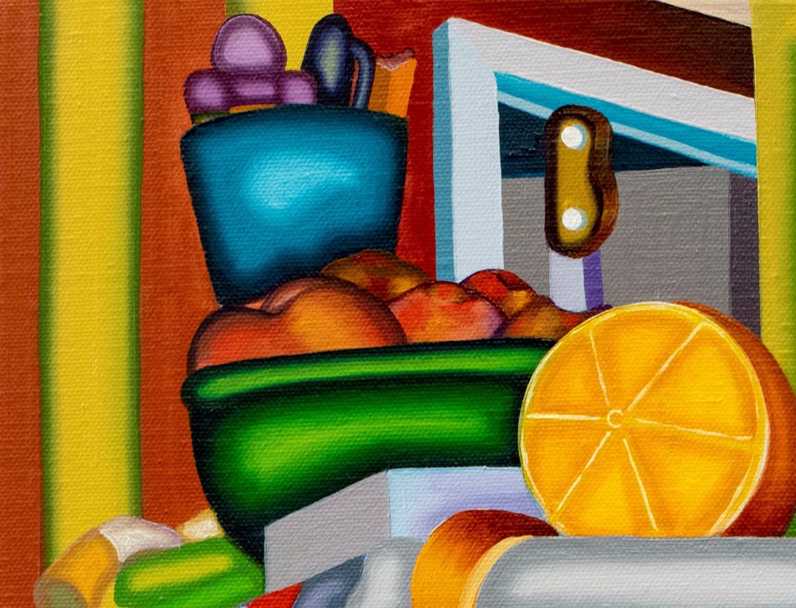 CATAFALQUE STILL LIFE - Cubist, Bright & Bold Orange, Peaches and Cigarette   - Painting by Jason Stout
