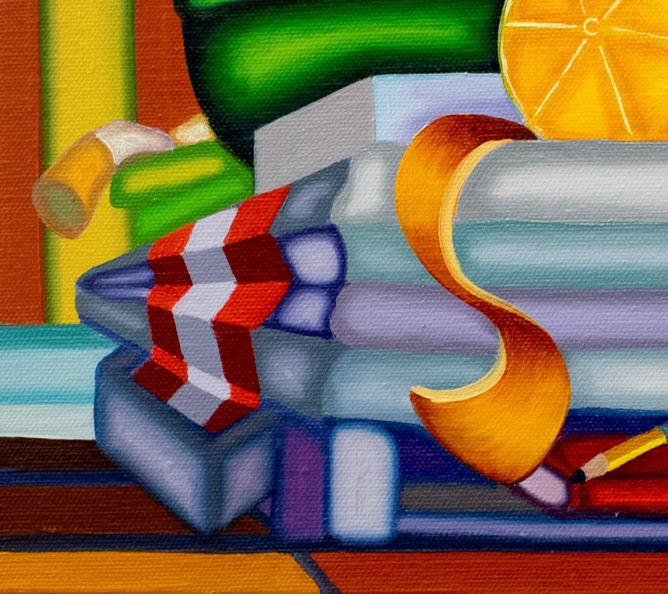 CATAFALQUE STILL LIFE - Cubista, arancione brillante e audace, pesche e sigaretta - Painting Contemporaneo di Jason Stout
