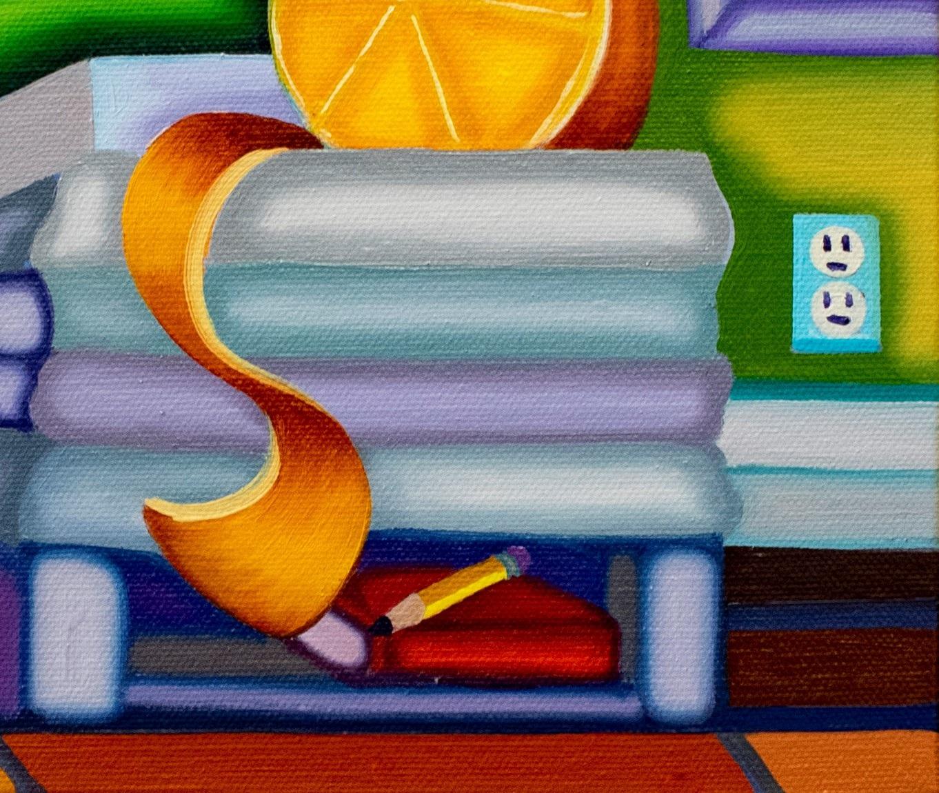CATAFALQUE STILL LIFE - Cubista, arancione brillante e audace, pesche e sigaretta - Interior Painting Marrone di Jason Stout